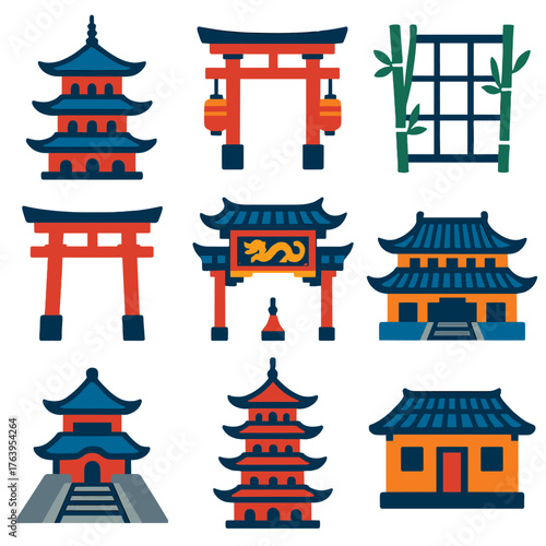 Asian Architecture Icons. Flat vector icons of Japanese Chinese architecture: traditional pagoda with curved roof, zen garden gate