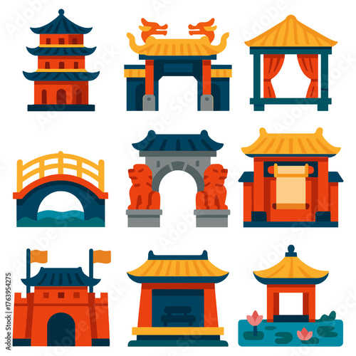 Oriental Architecture Icons. Flat vector icons of Japanese Chinese architecture: octagonal pagoda with layered eaves, grand temple