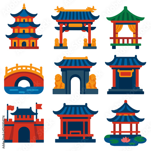 Oriental Architecture Icons. Flat vector icons of Japanese Chinese architecture: octagonal pagoda with layered eaves, grand temple