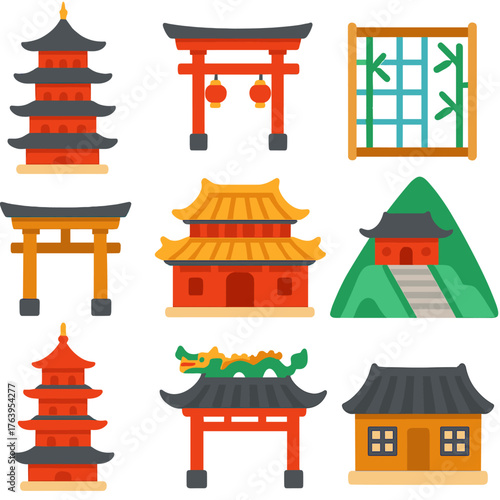Asian Architecture Icons. Flat vector icons of Japanese Chinese architecture: traditional pagoda with curved roof, zen garden gate