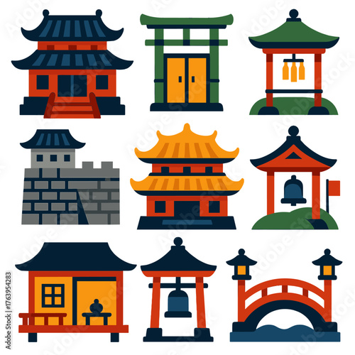 Asian Architecture Icons. Flat vector icons of Japanese Chinese architecture: red lacquered temple with stairway, bamboo gate with