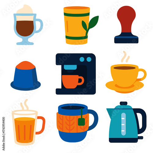 Vibrant Beverage Icons. Flat vector icons of coffee and hot beverages: Irish coffee with cream, bamboo tea cup, barista tamper