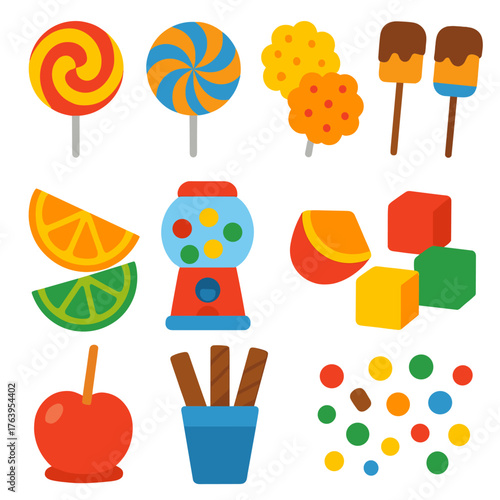 Bright Candy Icons. Flat vector icons of candy and sweet treats: swirl candy wheels, popcorn balls, dipped marshmallows on sticks.