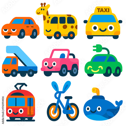 Whimsical Transport Icons. Flat vector icons of transport in cartoon style: sleepy-eyed sedan, giraffe bus with roof spots, happy