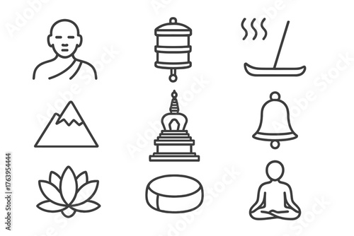 Mountain Sanctuary Icons. Line style icons of Mountain Sanctuary: Monk, Prayer Wheel, Incense, Mountain Peak, Stupa, Bell, Lotus