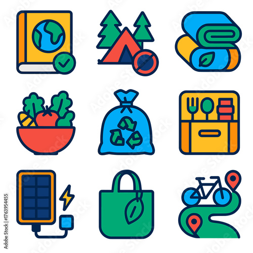 Eco-Friendly Travel Icons. Flat vector icons of sustainable travel and eco tourism: travel responsibly guidebook, no-trace camping