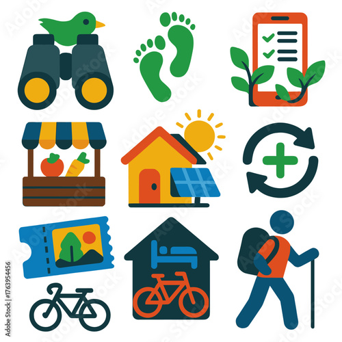 Sustainable Travel Icons. Flat vector icons of sustainable travel and eco tourism: bird-watching icon with binoculars, green