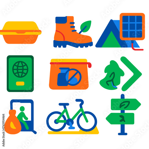 Eco Travel Icons. Flat vector icons of sustainable travel and eco tourism: compostable food container, hiking boots with leaf,