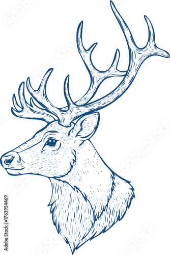 Blue Line Art Illustration of a Deer Head in Profile with Antlers on White Background stag