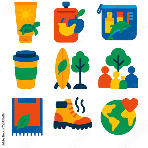Eco Travel Icons. Flat vector icons of sustainable travel and eco tourism: wildlife-friendly sunscreen, refillable snack pouch,