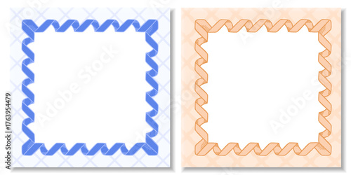Set of two decorative ribbon frames in blue and orange with soft geometric backgrounds. Elegant vector templates for cards, invitations, and packaging design.