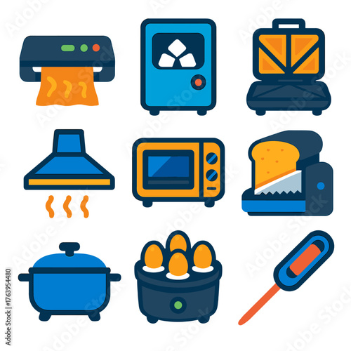 Modern Kitchen Icons. Flat vector icons of kitchen appliances: vacuum food sealer, countertop ice maker, sandwich toaster. Kitchen
