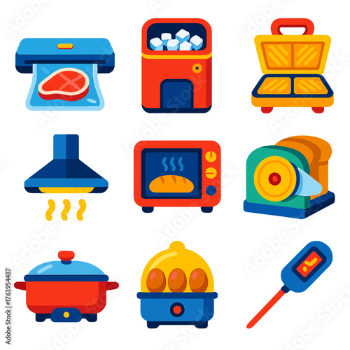 Modern Kitchen Icons. Flat vector icons of kitchen appliances: vacuum food sealer, countertop ice maker, sandwich toaster. Kitchen