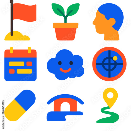 Personal Growth Icons. Flat vector icons of personal development and growth skills: challenge accepted flag, new habit plant,