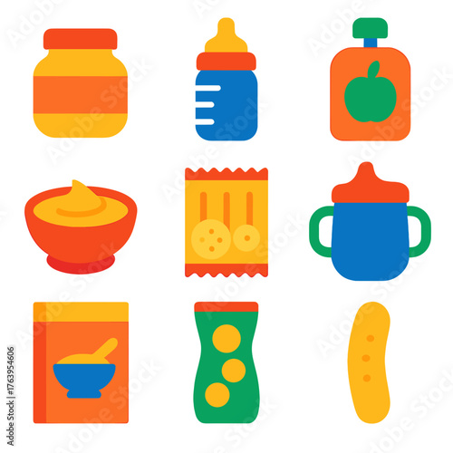 Vibrant Baby Food Icons. Flat vector icons of baby food and toddler snacks: baby food jar, formula bottle, puree pouch, toddler
