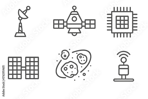 Space Probe Icons. Line style icons of Space Probe: Antenna Mast, Deep Space Probe, Microchip Array, Satellite Panel, Asteroid