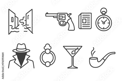 Film Noir Icons. Line style icons of Film Noir: Foggy Alley, Revolver, Newspaper, Pocket Watch, Shadow Figure, Door Knocker,