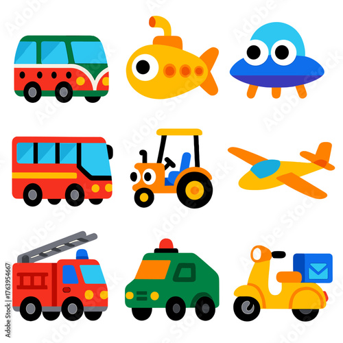 Whimsical Transport Icons. Flat vector icons of transport in cartoon style: watermelon-themed van, fish-style submarine, bug-eyed