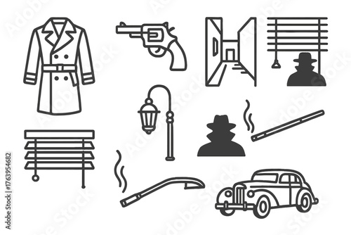 Film Noir Icons. Line style icons of Film Noir: Trench Coat, Revolver, Alleyway, Venetian Blinds, Street Lamp, Shadow Figure,