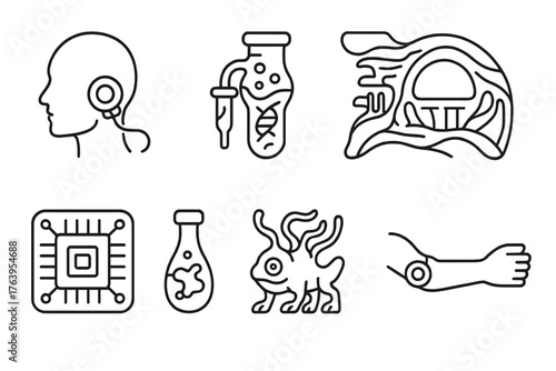 Bio-Punk Icons. Line style icons of Bio-Punk: Neural Interface Port, Organic Reactor, Genetic Sample, Living Ship Bridge, Biochip