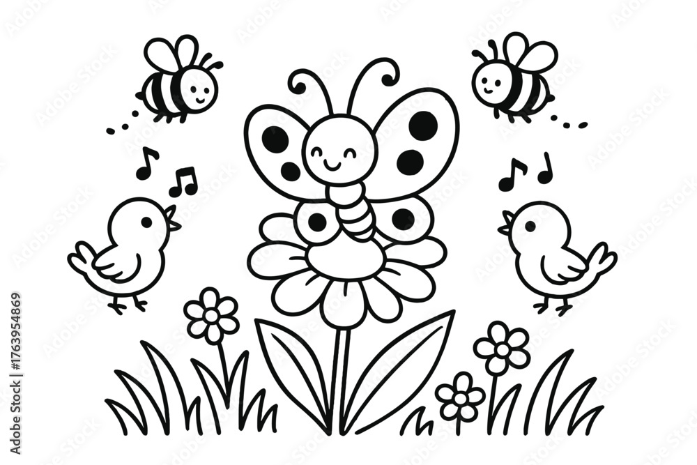 Obraz premium Butterfly and Garden Friends. Cute butterfly resting on a flower surrounded by grass, bees, and little birds singing, black and