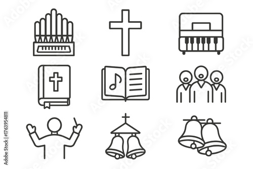 Sacred Music Icons. Line style icons of Sacred Music: Organ, Cross, Piano, Bible, Hymn Book, Choir, Conductor, Church Bells, No