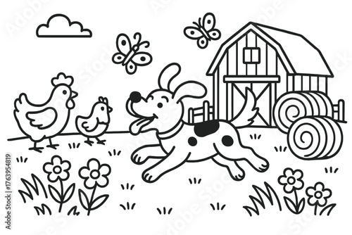 Farm Dog Adventures. Playful farmer’s dog chasing butterflies near the barn with haystacks, chickens, and flowers, black and white