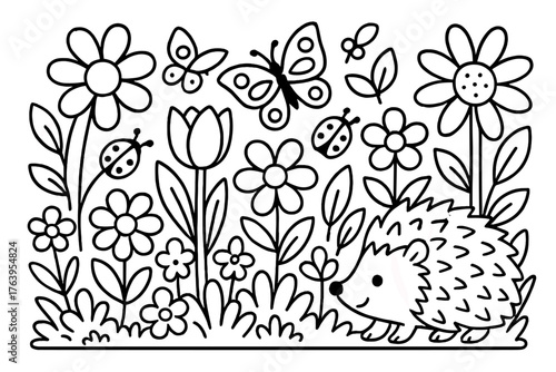 Garden Scene Coloring Page. Colorful garden scene with blooming flowers, butterflies, ladybugs, and a little hedgehog, black and