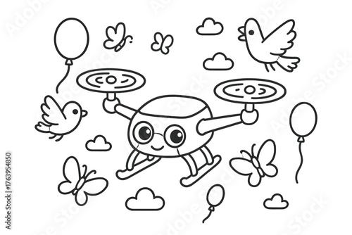 Drone and Friends. Cartoon drone flying with propellers spinning while birds, balloons, and butterflies hover nearby, black and