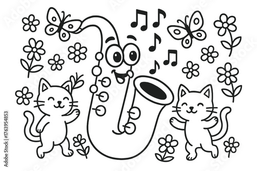 Playful Saxophone Serenade. Playful saxophone with big eyes playing tunes while butterflies, cats, and flowers dance around, black