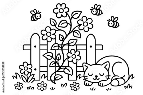 Blooming Vine Scene. Joyful vine climbing a fence with flowers blooming, bees buzzing, and a cat napping nearby, black and white