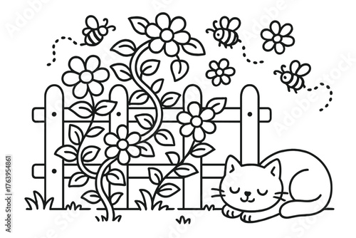 Blooming Vine Scene. Joyful vine climbing a fence with flowers blooming, bees buzzing, and a cat napping nearby, black and white