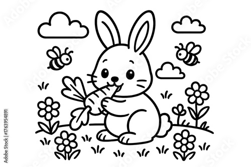 Rabbit in Flower Meadow. Cute rabbit nibbling on a carrot in a meadow with flowers, bees, and clouds in the background, black and
