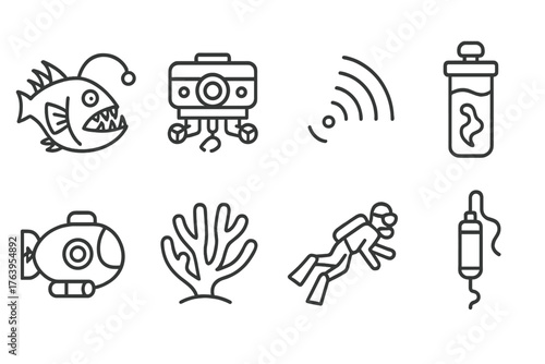 Extreme Ocean Exploration Icons. Line style icons of Extreme Ocean Research: Abyssal Creature, ROV, Sonar, Sample Container,