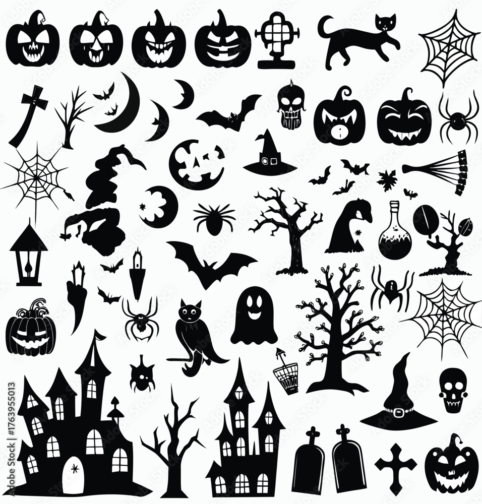 Naklejka premium Spooky Halloween Icons Pack: Pumpkins, Bats, Witch Hats, Spider Webs, Haunted House - Top DIY Decor Ideas for 2025