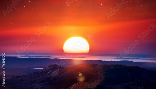 vibrant sunrise over the horizon of a distant planet in outer space