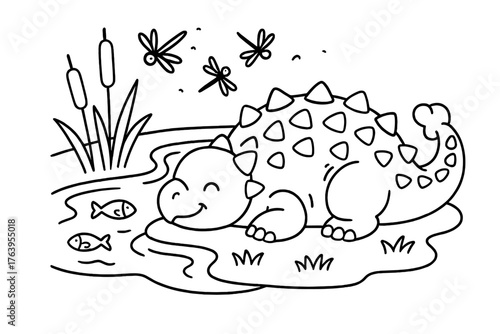 Ankylosaurus by the River. Happy ankylosaurus resting near a river with reeds, fish, and dragonflies buzzing above, black and