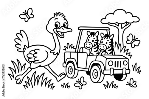 Safari Ostrich Chase. Funny ostrich running alongside a safari car with zebras, butterflies, and tall grass, black and white line