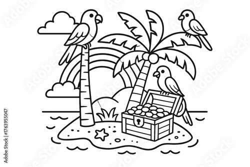 Magical Island Adventure. Magical island with hidden treasure, palm, parrots, and a rainbow over the sea, black and white line art