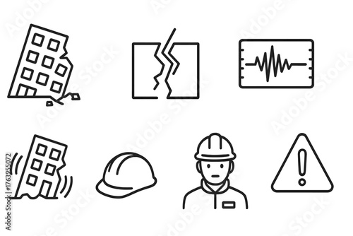 Urban Earthquake Icons. Line style icons of Urban Earthquake: Collapsed Building, Cracked Ground, Seismogram, Rubble, Aftershock,