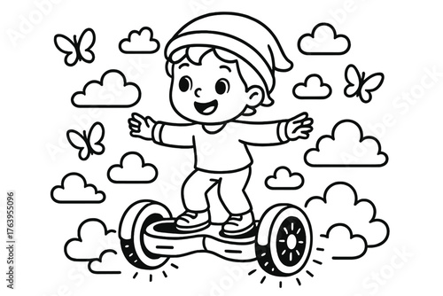 Hoverboard Adventure. Whimsical hoverboard with glowing wheels ridden by a child surrounded by butterflies and clouds, black and