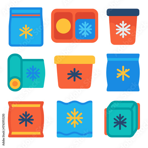 Colorful Frozen Food Icons. Flat vector icons of frozen food packaging: freezer bag with zip, vacuum-sealed meal tray, ice cream