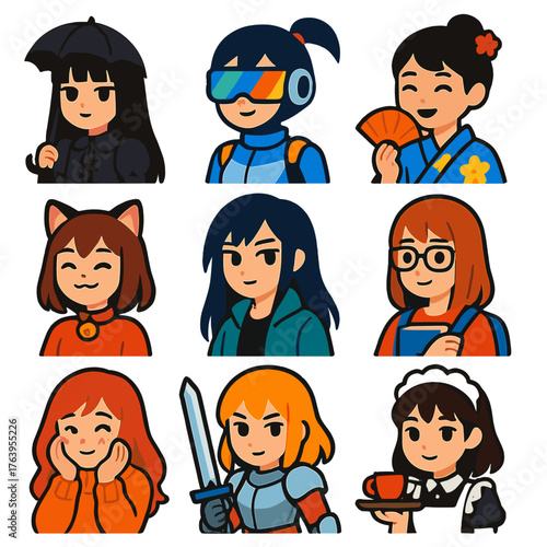 Anime Girl Icons. Flat vector icons of anime girls: gothic girl with black dress and umbrella, futuristic girl with visors and