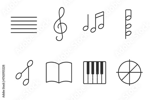 Music Theory Icons. Line style icons of Music Theory: Staff, Clef, Notes, Chord, Interval, Scale, Book, Diagram, No text, No