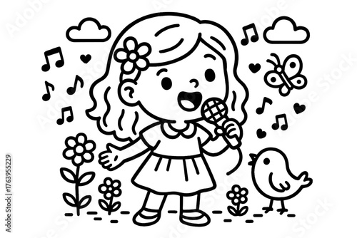 Cute Singer Coloring Page. A cute singer in a playful scene with friendly details, black and white line art, children’s coloring