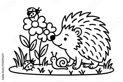 Hedgehog's Spring Sniff. Curious hedgehog sniffing spring flowers with ladybugs, snails, and grass sprouting around, black and