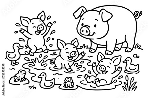 Piglets in Puddle. Playful piglets splashing in a muddy puddle while the mother pig watches, with ducks and frogs nearby, black