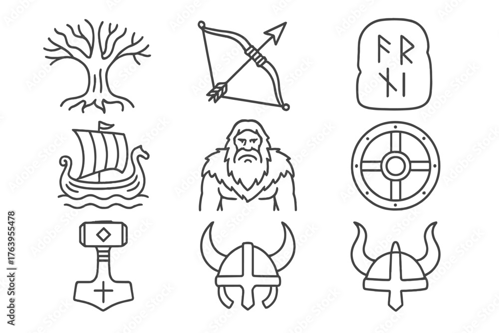 Fototapeta premium Nordic Myth Icons. Line style icons of Nordic Myth: Yggdrasil Trunk, Valkyrie Bow, Rune Tablet, Longship Sail, Frost Giant, Shield