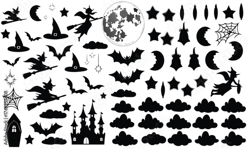 Mystical Witch and Castle Silhouettes with Moon and Bats - Ultimate 2025 Halloween Decor Set