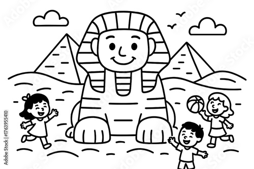 Smiling Sphinx Adventure. Funny sphinx with a smiling face surrounded by sand dunes, pyramids, and children playing, black and